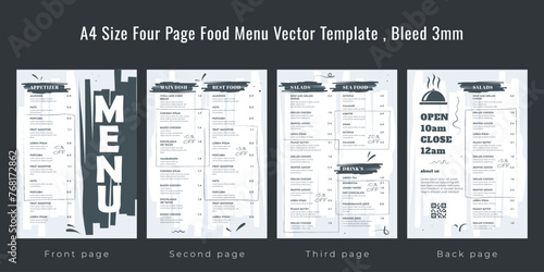 Restaurant cafe menu, template design, A4 size four page food menu template, Bleed 3mm