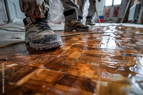 Detailed close-up of construction worker's shoes stepping on freshly applied epoxy resin on floor
