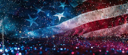 American flag and bokeh double exposure abstract background with copy space for american celebrations. US flag abstract, holiday, democracy, presidential, festival, event, memorial, labour & new year