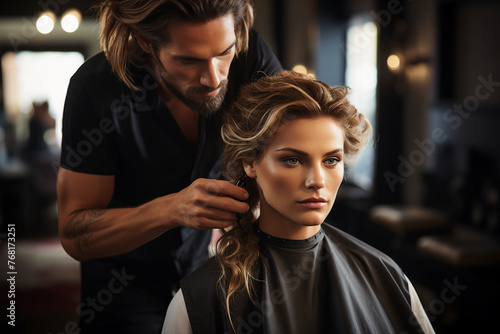 AI generated image of beautiful model young and confident female hair stylist at salon