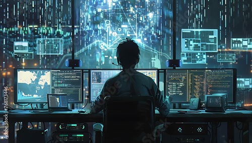 Business person seated at a desk surrounded by screens filled with overwhelming data and social media notifications expressing stress and overload in a high-tech office environment. Generative AI