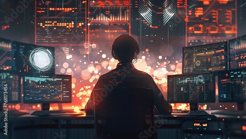 Business person seated at a desk surrounded by screens filled with overwhelming data and social media notifications expressing stress and overload in a high-tech office environment. Generative AI