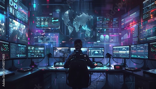 Business person seated at a desk surrounded by screens filled with overwhelming data and social media notifications expressing stress and overload in a high-tech office environment. Generative AI photo