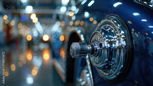 An elegant shot of a car's fuel filler cap, its metallic finish reflecting the surrounding environment, symbolizing the gateway to automotive performance.