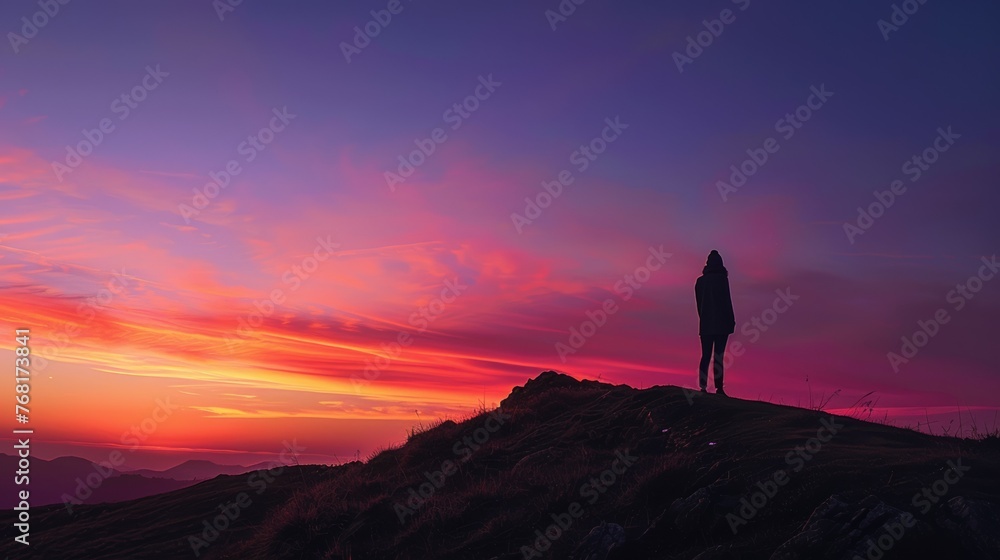 Fototapeta premium Young happy backpacker on top of a mountain enjoying valley view 
