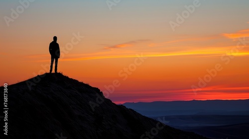 Young happy backpacker on top of a mountain enjoying valley view 