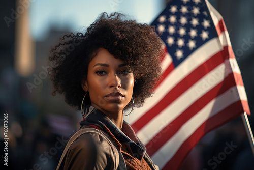 Generated AI portrait of beautiful girl in front of american flag festive crowd national women day
