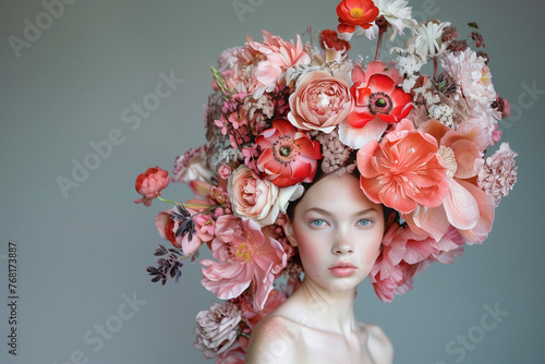 A woman wearing a flower crown with red flowers photo