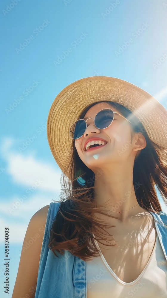 holidays travel going young asian tourist woman wearing beach hat sunglasses and backpacks happy on blue background