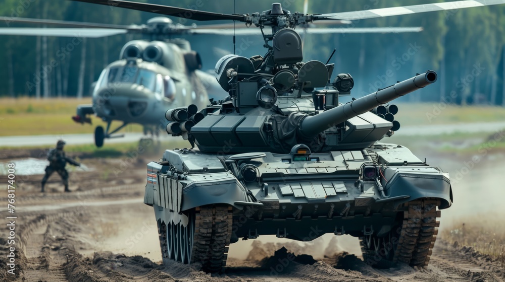 Military Vehicle and Helicopter on Dirt Road