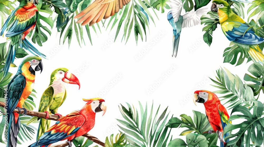 Fototapeta watercolor background with copy space in the center, a blank for ad or text, tropical leaves and parrots