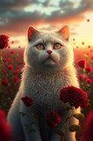 white cat with ambar eyes sitting in a field of red flowers
