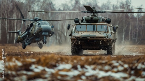 Military Vehicles and Helicopter in Field