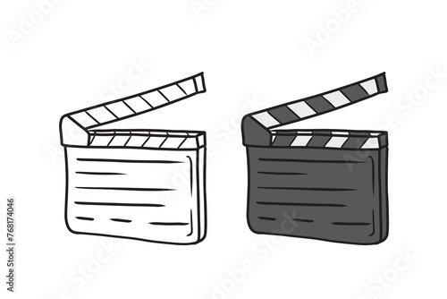 Black and white clapboard as a symbol of movie recording isolated on white background. Hand drawn vector sketch illustration in doodle engraved vintage style. Concept of director equipment for scene