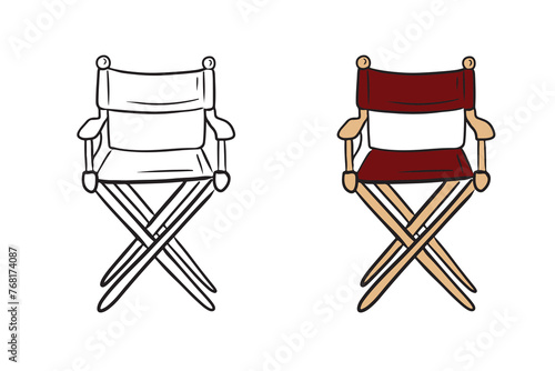 Realistic beautiful chair for cinema producer, director with red tissue elements isolated on white background. Hand drawn vector sketch illustration in doodle engraved vintage style. Coloring book