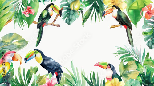 watercolor background with copy space in the center, a blank for ad or text, tropical leaves and parrots