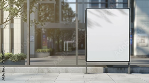 Blank white mockup of bus stop vertical billboard in front of empty street background 