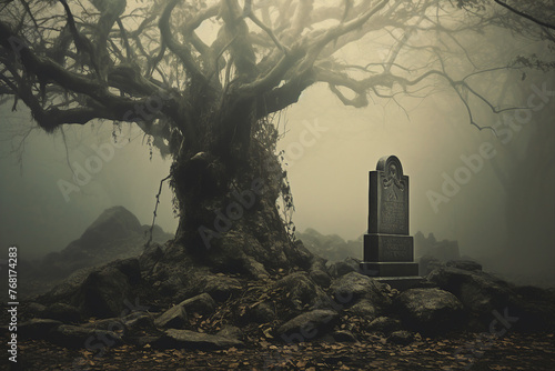 Fear death grave cemetery background moon horror halloween tomb AI generative image
