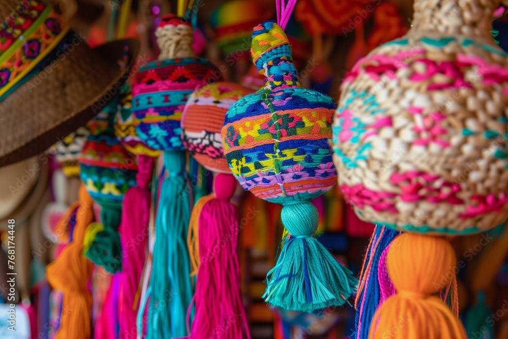 A colorful assortment of Mexican hats and maracas. The hats are of various colors and patterns, and the maracas are also colorful and have different designs. Concept of vibrancy and cultural diversity