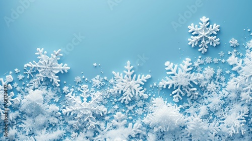 Delicate snowflakes rest on a serene blue surface, inviting winters touch with room for your message