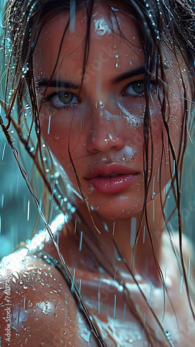 a woman with a wet face and a wet hair