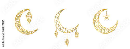 Crescent with lanterns and stars. Golden decoration for Ramadan or Al-Adha. Traditional islamic symbols isolated. Muslim holidays ornaments. Vector