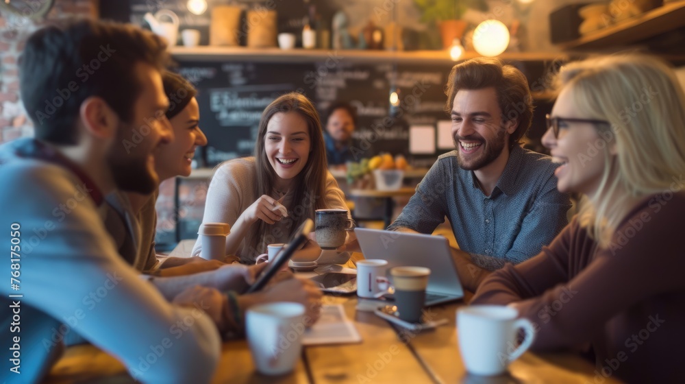 A joyful event with friends sharing laptops around a table, enjoying leisure time, having fun conversations, and smiling. AIG41