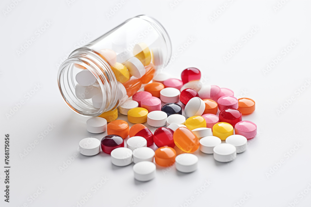 Several medications on a white background. Several tablets, pills, on white background. AIDS treatment. Treatment for an illness. Psychiatry. Infectious diseases.