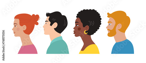 Diversity set of international heads, busts of men and women. Asian, black, European. Vector flat illustration