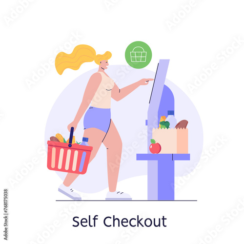 Customer use self-service checkout. Man with shopping cart buying with automated self-checkout terminal. Concept of contactless payment, cashless paying, checkout self service. Vector illustration