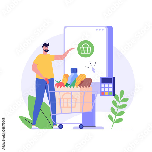 Customer use self-service checkout. Man with shopping cart buying with automated self-checkout terminal. Concept of contactless payment, cashless paying, checkout self service. Vector illustration