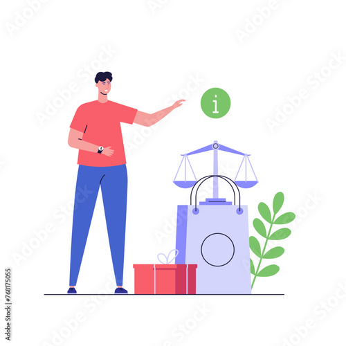Consumer buying with legal protection. Consumer law protects customer with insurance. Concept of consumer protection, customer rights, scale of justice, legal safety. Vector flat cartoon illustration