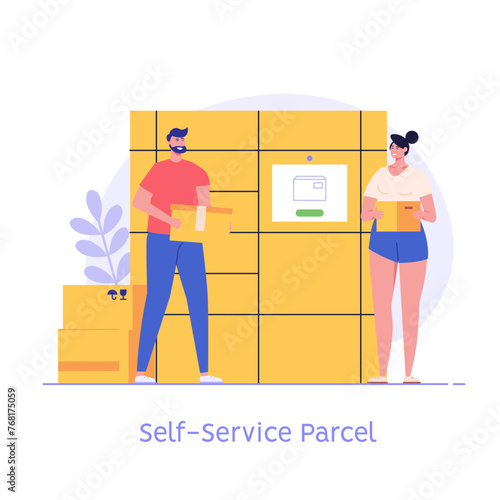 Customer use self-service post terminal. Man with parcel opening locker or storage. Concept of automated service parcel, post delivery service. Self-service for online purchase. Vector illustration
