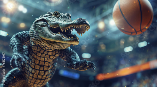 A remarkably rendered crocodile stands upright in an indoor basketball arena, eyes focused intently on a basketball in mid-air. photo