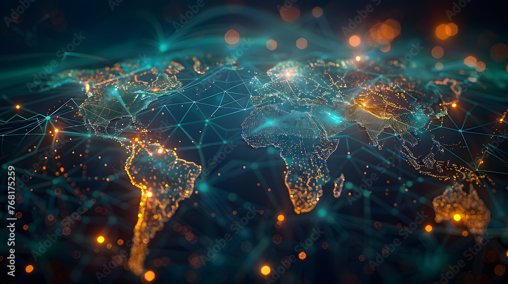 Glowing world map on dark background. Globalization concept. Communications network map of the world. Technological futuristic background. World connectivity and global networking concept Glowing world map on dark background. Globalization concept. Communications network map of the world. Technological futuristic background. World connectivity and global networking concept