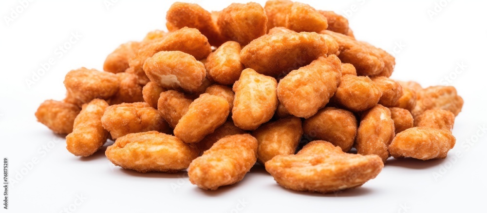 A collection of golden-brown chicken nuggets stacked on top of each other on a plain white background. The nuggets are crispy and inviting, ready to be enjoyed as a delicious snack or meal.