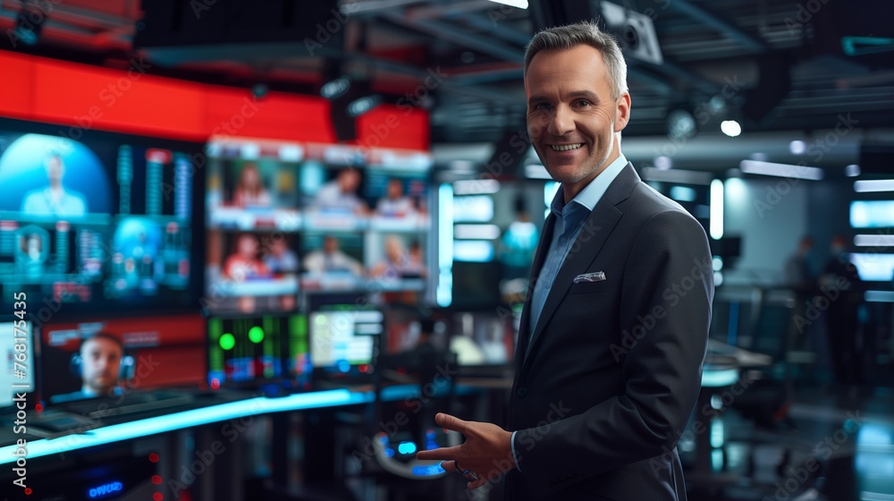 Man in Suit and Tie Standing by Television Man in Suit and Tie Standing by Television