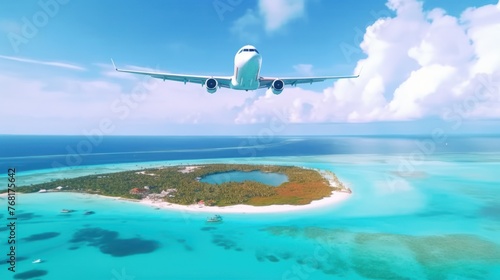Travel concept with an commercial airplane flying over a tropical paradise island in the Maldives