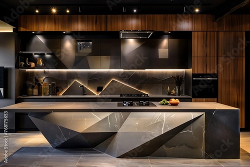 A contemporary kitchen with a dynamic geometric backsplash quartz waterfall island and sleek minimalistic design.