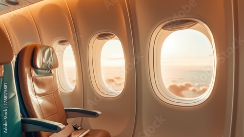 Airplane seats in the cabin economy class and the windows of the airplane.