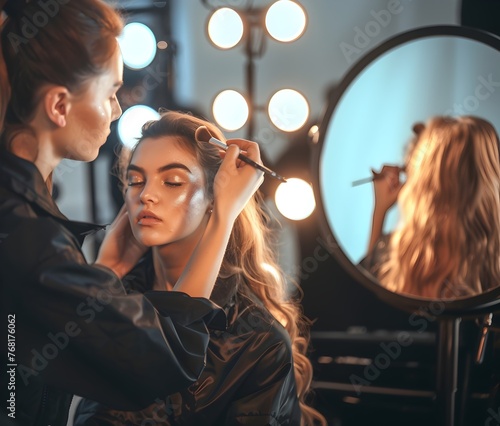 Una maquillista aplicando cosmeticos  en el rostros de una clienta joven, al fondo un espejo redondo y luces.  Belleza y cuidado femenino photo