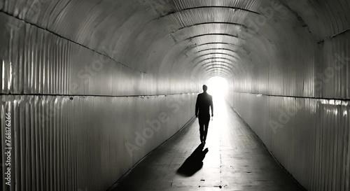 Un uomo  attraversa un tunnel buio verso una luce brillante visto da dietro , uscita dell'anima verso la luce di Dio, vedere la luce in fondo al tunnel photo