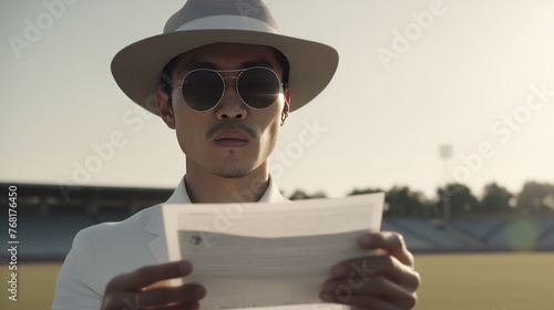 soccer trainer wearing sunglasses and hat, holding white paper to train his athletes photo