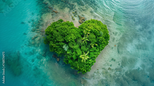 Aerial view of a small heart shape island on tropical sea, shallow blue waters