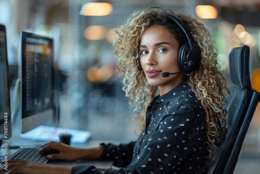 A professional woman wearing a headset and working on a computer in a modern office setting A professional woman wearing a headset and working on a computer in a modern office setting