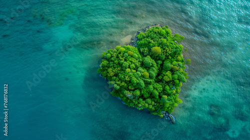 Aerial view of a small heart shape island on tropical sea  shallow blue waters