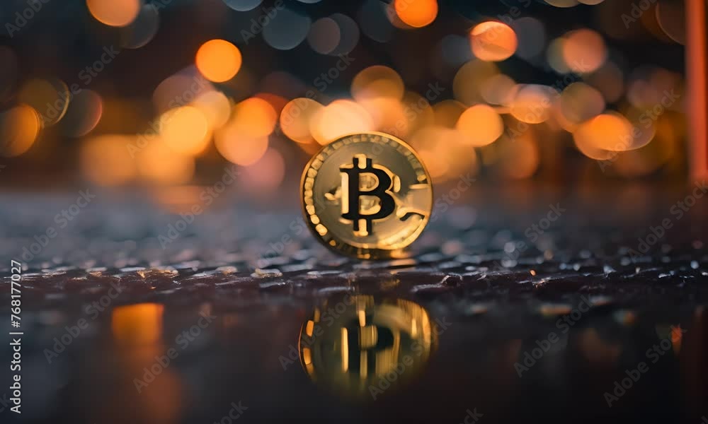 Criptovaluta moneta d'oro con effetti bokeh colorati sullo sfondo, aumento del valore delle criptovalute