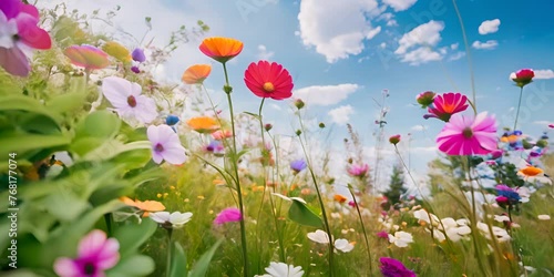 primavera, fiori ed erba visti muovere dalla prezza del vento, sfondo primaverile visto dal basso verso il cielo, fiori di campo, colori vibranti photo