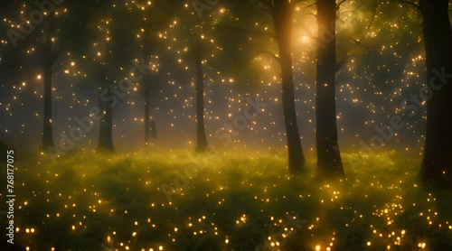paesaggio incantato di foresta piena di lucciole, magia della natura photo