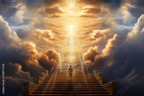 a man walking up stairs to the sun